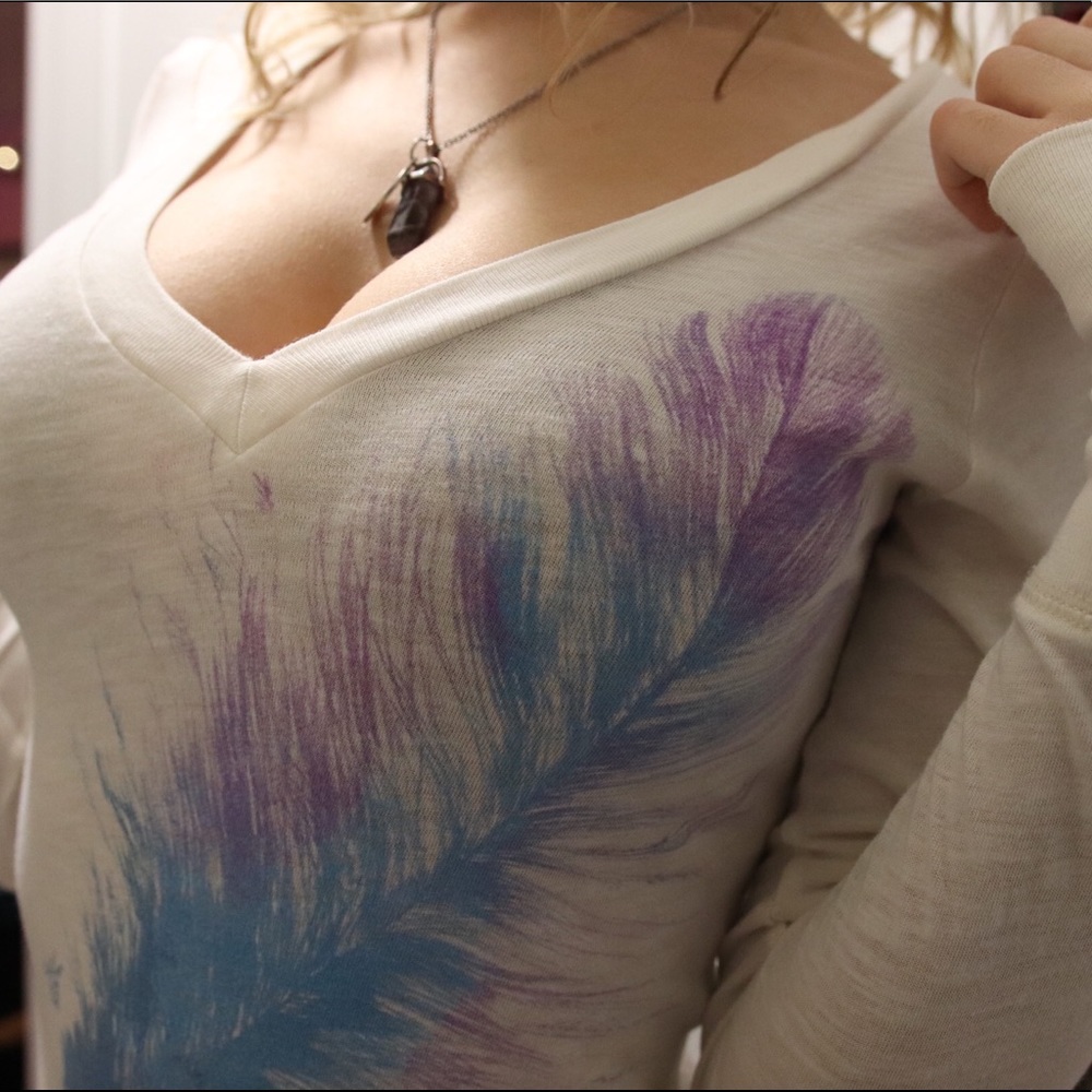 Blue and Purple Feather on White Long Sleeve